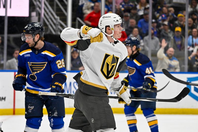 Mar 25, 2024; St. Louis, Missouri, USA;  Vegas Golden Knights left wing Pavel Dorofeyev (16) reacts after scoring against the St. Louis Blues during the first period at Enterprise Center. Mandatory Credit: Jeff Curry-USA TODAY Sports
