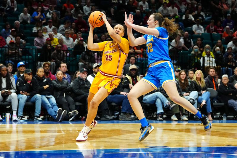 Mar 8, 2024; Las Vegas, NV, USA; USC Trojans guard McKenzie Forbes (25) looks to shoot against UCLA Bruins forward Angela Dugalic (32) during the fourth quarter at MGM Grand Garden Arena. Mandatory Credit: Stephen R. Sylvanie-USA TODAY Sports