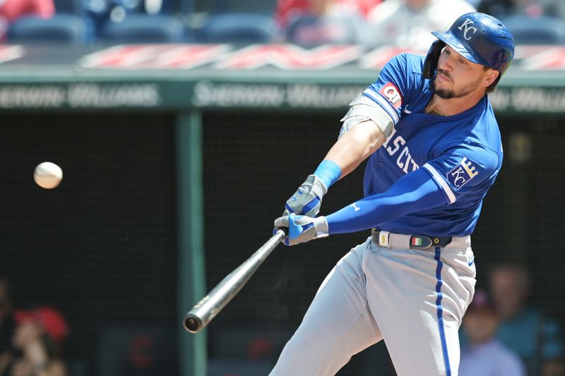 Aug 28, 2024; Cleveland, Ohio, USA; Kansas City Royals first baseman Vinnie Pasquantino (9) hits a home run during the first inning against the Cleveland Guardians at Progressive Field. Mandatory Credit: Ken Blaze-USA TODAY Sports