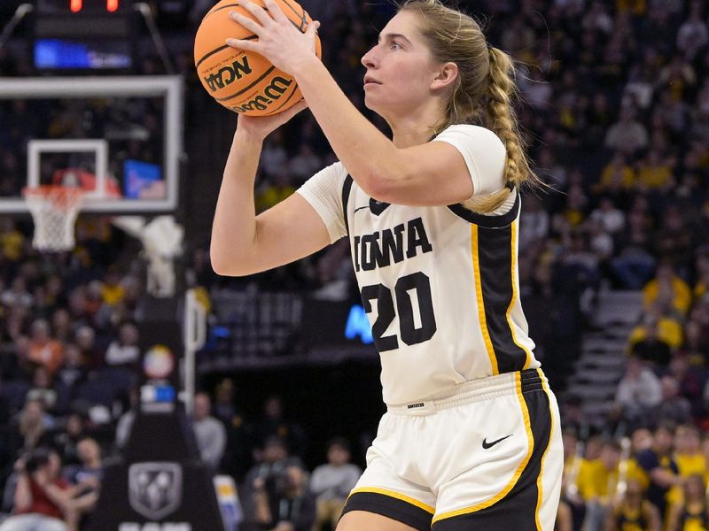 Mar 9, 2024; Minneapolis, MN, USA;  Iowa Hawkeyes guard Kate Martin (20) shoots a three-pointer against the Michigan Wolverines during the second half of a Big Ten Women's Basketball tournament semifinal at Target Center. Mandatory Credit: Nick Wosika-USA TODAY Sports