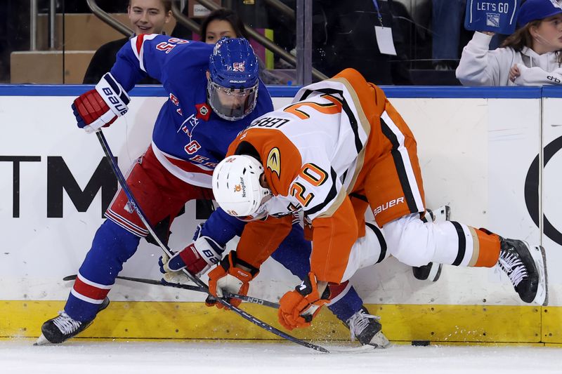 Oct 26, 2024; New York, New York, USA; New York Rangers defenseman Ryan Lindgren (55) and Anaheim Ducks right wing Brett Leason (20) fight for the puck during the third period at Madison Square Garden. Mandatory Credit: Brad Penner-Imagn Images