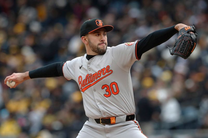 Apr 5, 2024; Pittsburgh, Pennsylvania, USA;  Baltimore Orioles starting pitcher Grayson Rodriguez (30) delivers a pitch against the Pittsburgh Pirates during the first inning at PNC Park. Mandatory Credit: Charles LeClaire-USA TODAY Sports