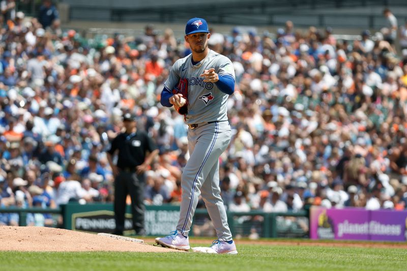 May 25, 2024; Detroit, Michigan, USA; Toronto Blue Jays starting pitcher José Berríos (17) looks on during the first inning of the game against the Detroit Tigers at Comerica Park. Mandatory Credit: Brian Bradshaw Sevald-USA TODAY Sports