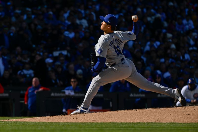 Apr 6, 2024; Chicago, Illinois, USA;  Los Angeles Dodgers pitcher Yoshinobu Yamamoto (18) delivers against the Chicago Cubs during the first inning at Wrigley Field. Mandatory Credit: Matt Marton-USA TODAY Sports