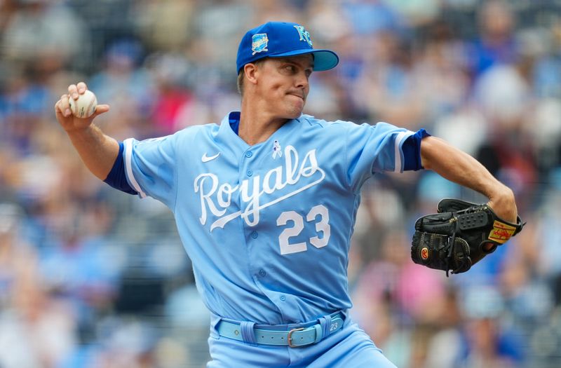 Jun 18, 2023; Kansas City, Missouri, USA; Kansas City Royals starting pitcher Zack Greinke (23) pitches during the first inning against the Los Angeles Angels at Kauffman Stadium. Mandatory Credit: Jay Biggerstaff-USA TODAY Sports