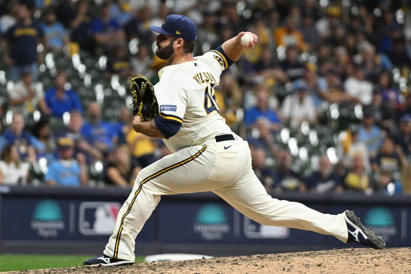 Oct 3, 2023; Milwaukee, Wisconsin, USA; Milwaukee Brewers relief pitcher Bryse Wilson (46) pitches in the ninth inning against the Arizona Diamondbacks during game one of the Wildcard series for the 2023 MLB playoffs at American Family Field. Mandatory Credit: Michael McLoone-USA TODAY Sports