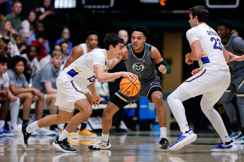 Feb 9, 2024; Fort Collins, Colorado, USA; San Jose State Spartans guard Alvaro Cardenas (13) controls the ball as forward Diogo Seixas (23) screens Colorado State Rams guard Josiah Strong (3) in the second half at Moby Arena. Mandatory Credit: Isaiah J. Downing-USA TODAY Sports