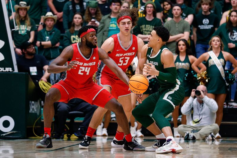 Mar 3, 2023; Fort Collins, Colorado, USA; New Mexico Lobos forward Morris Udeze (24) knocks the ball away from Colorado State Rams guard John Tonje (1) as forward Josiah Allick (53) defends in the first half at Moby Arena. Mandatory Credit: Isaiah J. Downing-USA TODAY Sports