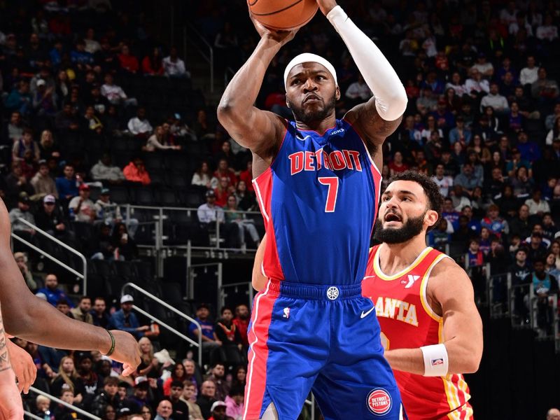 DETROIT, MI - NOVEMBER 8: Paul Reed #7 of the Detroit Pistons shoots the ball during the game against the Atlanta Hawks on November  8, 2024 at Little Caesars Arena in Detroit, Michigan. NOTE TO USER: User expressly acknowledges and agrees that, by downloading and/or using this photograph, User is consenting to the terms and conditions of the Getty Images License Agreement. Mandatory Copyright Notice: Copyright 2024 NBAE (Photo by Chris Schwegler/NBAE via Getty Images)