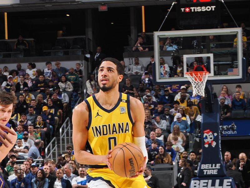 INDIANAPOLIS, IN - MARCH 29: Tyrese Haliburton #0 of the Indiana Pacers handles the ball during the game against the Los Angeles Lakers on March 29, 2024 at Gainbridge Fieldhouse in Indianapolis, Indiana. NOTE TO USER: User expressly acknowledges and agrees that, by downloading and or using this Photograph, user is consenting to the terms and conditions of the Getty Images License Agreement. Mandatory Copyright Notice: Copyright 2024 NBAE (Photo by Ron Hoskins/NBAE via Getty Images)