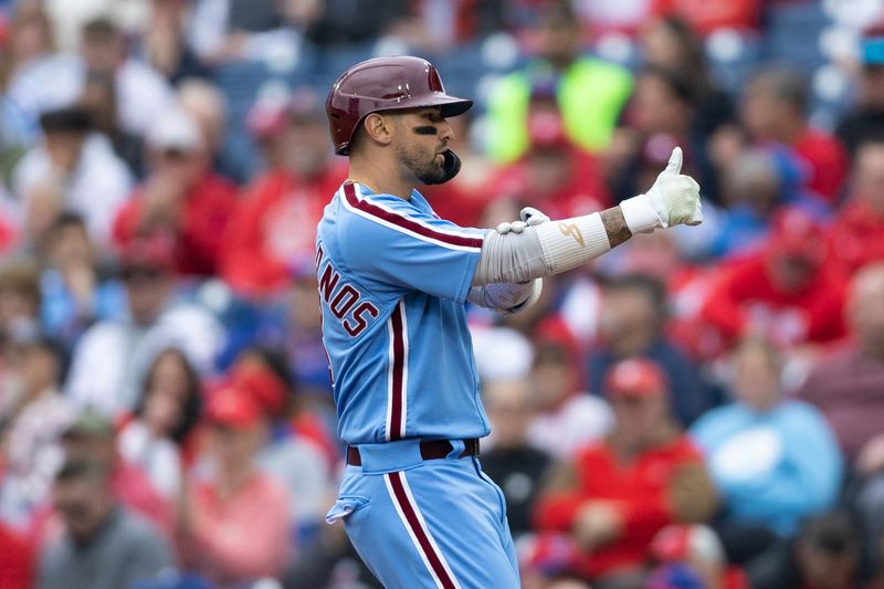 Apr 27, 2023; Philadelphia, Pennsylvania, USA; Philadelphia Phillies right fielder Nick Castellanos (8) gives a thumbs up after hitting a single during the second inning against the Seattle Mariners at Citizens Bank Park. Mandatory Credit: Bill Streicher-USA TODAY Sports