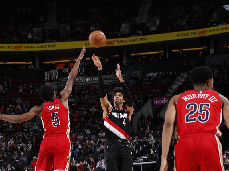 PORTLAND, OR - FEBRUARY 10: Matisse Thybulle #4 of the Portland Trail Blazers shoots the ball during the game against the New Orleans Pelicans on February 10, 2024 at the Moda Center Arena in Portland, Oregon. NOTE TO USER: User expressly acknowledges and agrees that, by downloading and or using this photograph, user is consenting to the terms and conditions of the Getty Images License Agreement. Mandatory Copyright Notice: Copyright 2024 NBAE (Photo by Cameron Browne/NBAE via Getty Images)