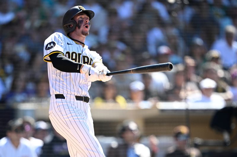 Jun 12, 2024; San Diego, California, USA; San Diego Padres center fielder Jackson Merrill (3) hits a walk-off home run against the Oakland Athletics at Petco Park. Mandatory Credit: Orlando Ramirez-USA TODAY Sports