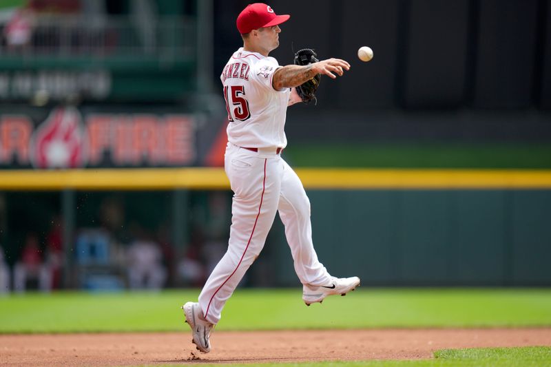 Jun 25, 2023; Cincinnati, Ohio, USA; Cincinnati Reds third baseman Nick Senzel (15) throws to first base errantly in the first inning of a baseball game against the Atlanta Braves at Great American Ball Park. Mandatory Credit: Kareem Elgazzar-USA TODAY Sports