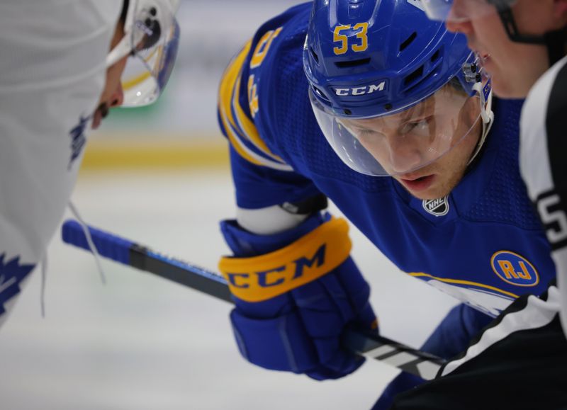 Dec 21, 2023; Buffalo, New York, USA;  Buffalo Sabres left wing Jeff Skinner (53) waits for the face-off during the second period against the Toronto Maple Leafs at KeyBank Center. Mandatory Credit: Timothy T. Ludwig-USA TODAY Sports