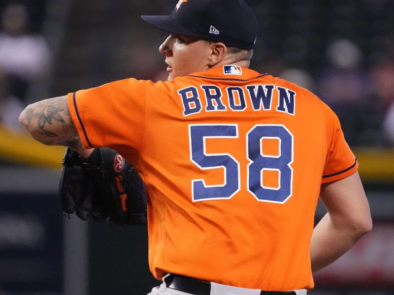 Oct 1, 2023; Phoenix, Arizona, USA; Houston Astros starting pitcher Hunter Brown (58) pitches against the Arizona Diamondbacks during the ninth inning at Chase Field. Mandatory Credit: Joe Camporeale-USA TODAY Sports