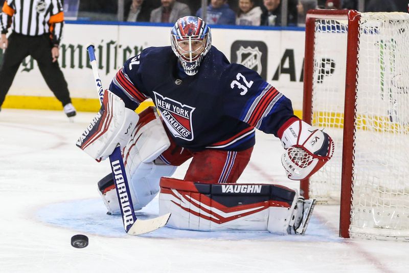 Feb 7, 2024; New York, New York, USA; New York Rangers goaltender Jonathan Quick (32) watches the puck in the third period against the Tampa Bay Lightning at Madison Square Garden. Mandatory Credit: Wendell Cruz-USA TODAY Sports