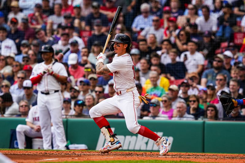 May 8, 2025; Boston, Massachusetts, USA; Boston Red Sox outfielder Jarren Duran (16) grounds out to drive in a run against the Texas Rangers in the second inning at Fenway Park. Mandatory Credit: David Butler II-Imagn Images