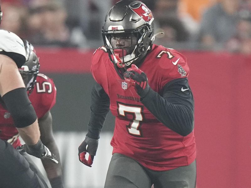 Tampa Bay Buccaneers linebacker Anthony Nelson (98) rushed the passer during an NFL football game against the Jacksonville Jaguars, Sunday, Dec. 24, 2023, in Tampa, Fla. (AP Photo/Peter Joneleit)