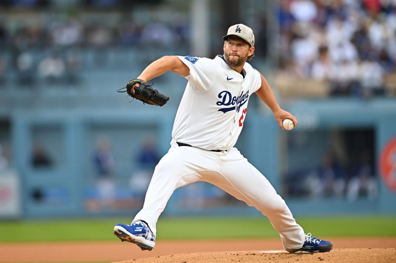 May 17, 2025; Los Angeles, California, USA; Los Angeles Dodgers pitcher Clayton Kershaw (22) pitches in the first inning against the Los Angeles Angels at Dodger Stadium. Mandatory Credit: Jonathan Hui-Imagn Images