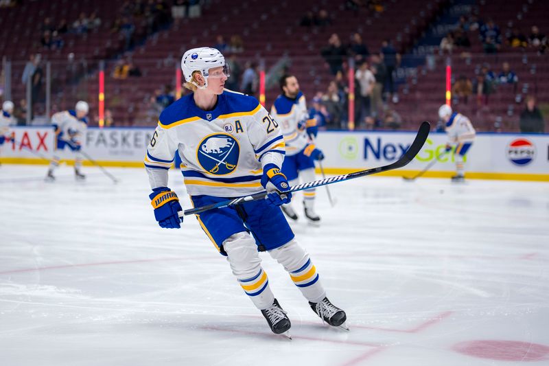 Mar 19, 2024; Vancouver, British Columbia, CAN; Buffalo Sabres defenseman Rasmus Dahlin (26) skates during warm up prior to a game against the Vancouver Canucks at Rogers Arena. Mandatory Credit: Bob Frid-USA TODAY Sports