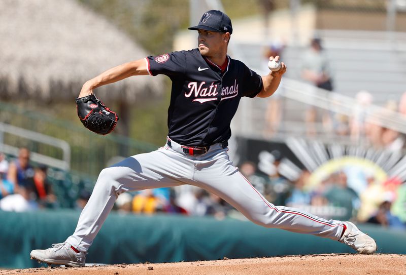 Feb 25, 2024; Jupiter, Florida, USA; Washington Nationals starting pitcher MacKenzie Gore (1) throws in the first inning against the Florida Marlins at Roger Dean Chevrolet Stadium. Mandatory Credit: Rhona Wise-USA TODAY Sports