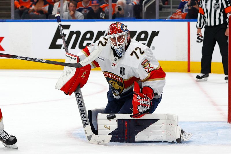 Jun 4, 2025; Edmonton, Alberta, CAN; Florida Panthers goaltender Sergei Bobrovsky (72) makes a save against the Edmonton Oilers in the first period in game one of the 2025 Stanley Cup Final at Rogers Place. Mandatory Credit: Perry Nelson-Imagn Images