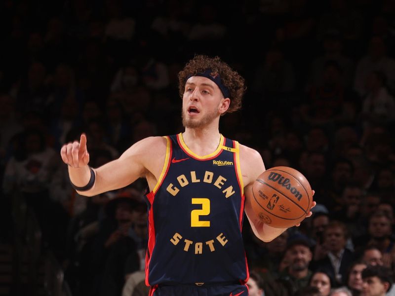 NEW YORK, NY - MARCH 4: Brandin Podziemski #2 of the Golden State Warriors dribbles the ball during the game against the New York Knicks on March 4, 2025 at Madison Square Garden in New York City, New York.  NOTE TO USER: User expressly acknowledges and agrees that, by downloading and or using this photograph, User is consenting to the terms and conditions of the Getty Images License Agreement. Mandatory Copyright Notice: Copyright 2025 NBAE  (Photo by Nathaniel S. Butler/NBAE via Getty Images)