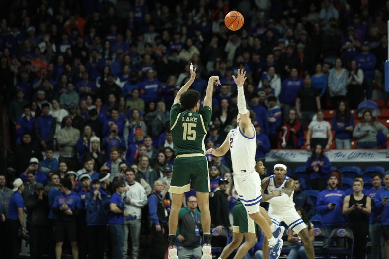 Jan 9, 2024; Boise, Idaho, USA; Colorado State Rams guard Jalen Lake (15) shoots a three point shot during the second half against the Boise State Broncos at ExtraMile Arena. Mandatory Credit: Brian Losness-USA TODAY Sports
