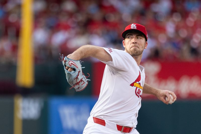 Jun 26, 2024; St. Louis, Missouri, USA; St. Louis Cardinals pitcher Matthew Liberatore (52) pitches against the Atlanta Braves in the second inning at Busch Stadium. Mandatory Credit: Zach Dalin-USA TODAY Sports