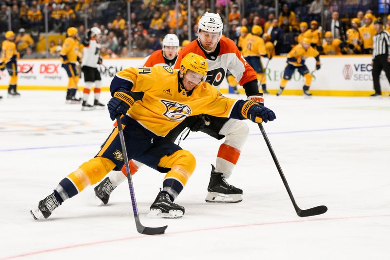 Nov 27, 2024; Nashville, Tennessee, USA;  Nashville Predators center Gustav Nyquist (14) and Philadelphia Flyers defenseman Rasmus Ristolainen (55) battle for the puck during the first period at Bridgestone Arena. Mandatory Credit: Steve Roberts-Imagn Images