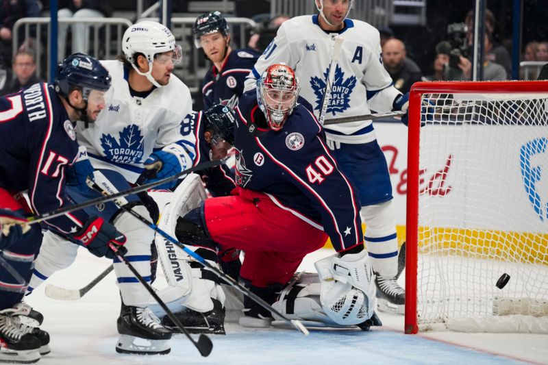 Oct 22, 2024; Columbus, Ohio, USA; Columbus Blue Jackets goaltender Daniil Tarasov (40) reacts as he is unable to make a save on a goal scored by Toronto Maple Leafs left wing Nicholas Robertson (89) during the third period at Nationwide Arena. Mandatory Credit: Aaron Doster-Imagn Images