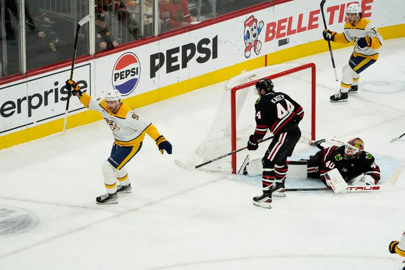 Nov 28, 2025; Chicago, Illinois, USA; Nashville Predators center Steven Stamkos (91) celebrates scoring a goal on Chicago Blackhawks goaltender Arvid Soderblom (40) during the second period at United Center. Mandatory Credit: David Banks-Imagn Images