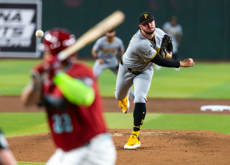May 28, 2025; Phoenix, Arizona, USA; Pittsburgh Pirates pitcher Paul Skenes against the Arizona Diamondbacks in the first inning at Chase Field. Mandatory Credit: Mark J. Rebilas-Imagn Images