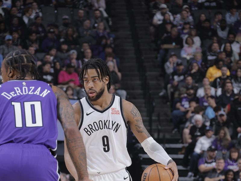 SACRAMENTO, CA - NOVEMBER 24: Trendon Watford #9 of the Brooklyn Nets dribbles the ball during the game against the Sacramento Kings on November 24, 2024 at Golden 1 Center in Sacramento, California. NOTE TO USER: User expressly acknowledges and agrees that, by downloading and or using this Photograph, user is consenting to the terms and conditions of the Getty Images License Agreement. Mandatory Copyright Notice: Copyright 2024 NBAE (Photo by Rocky Widner/NBAE via Getty Images)