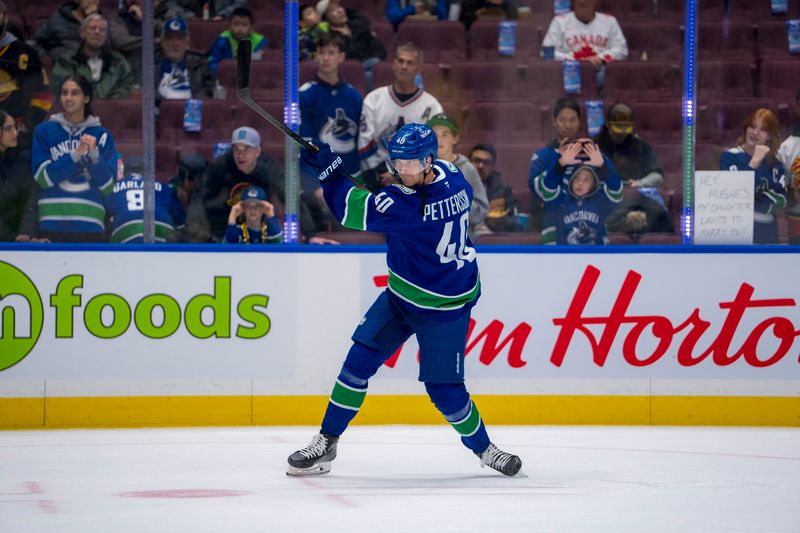 Nov 12, 2024; Vancouver, British Columbia, CAN; Vancouver Canucks forward Elias Pettersson (40) warms up prior to a game against the Calgary Flames at Rogers Arena. Mandatory Credit: Bob Frid-Imagn Images