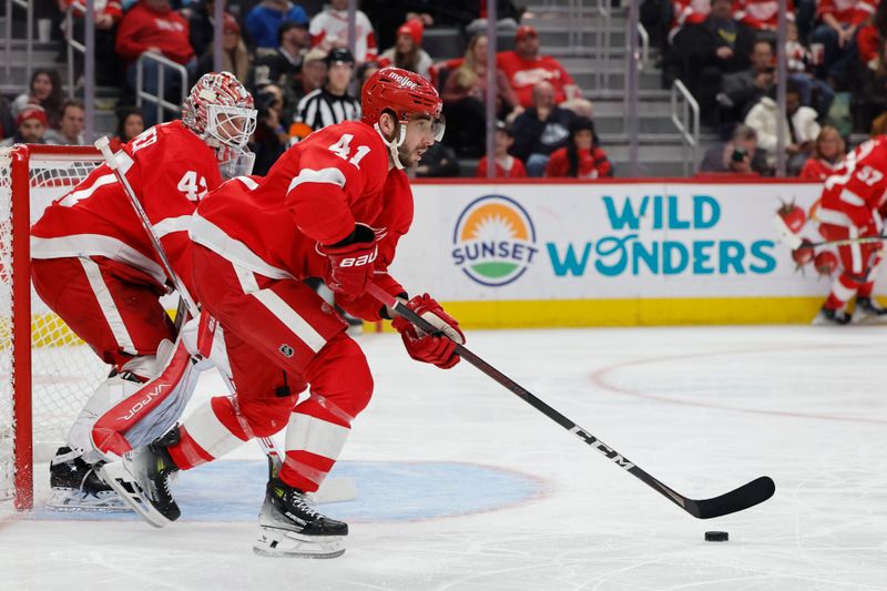 Jan 23, 2024; Detroit, Michigan, USA;  Detroit Red Wings defenseman Shayne Gostisbehere (41) skates with the puck in the third period against the Dallas Stars at Little Caesars Arena. Mandatory Credit: Rick Osentoski-USA TODAY Sports