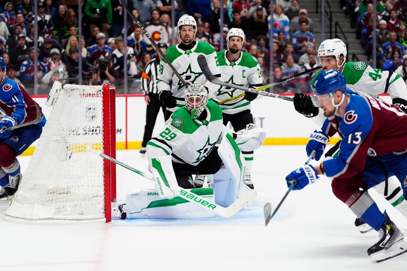 May 1, 2025; Denver, Colorado, USA; Dallas Stars goaltender Jake Oettinger (29) defends the net in the second period against the Colorado Avalanche in game six of the first round of the 2025 Stanley Cup Playoffs at Ball Arena. Mandatory Credit: Ron Chenoy-Imagn Images