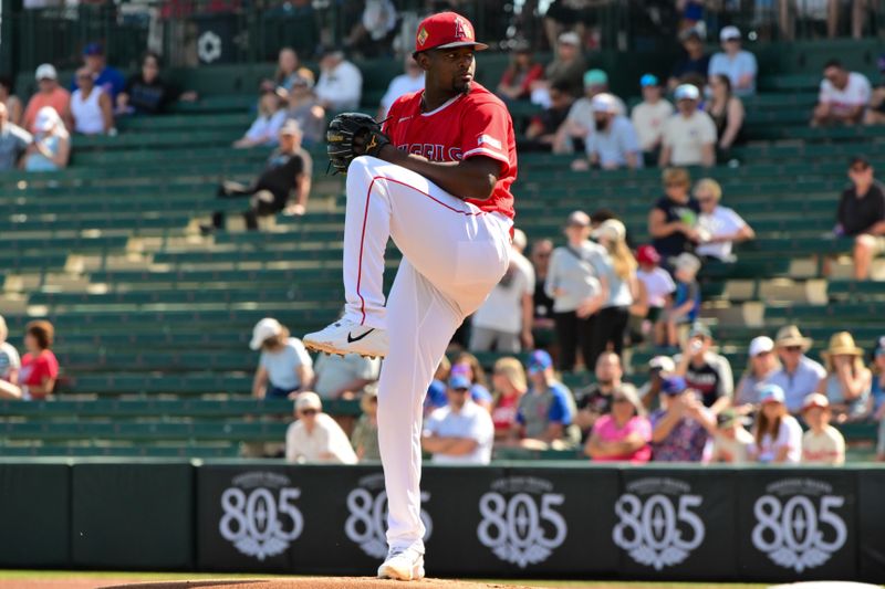 Feb 26, 2026; Tempe, Arizona, USA; Los Angeles Angels pitcher Jose Soriano (59) throws a pitch in the first inning against the Chicago Cubs at Tempe Diablo Stadium. Mandatory Credit: Matt Kartozian-Imagn Images