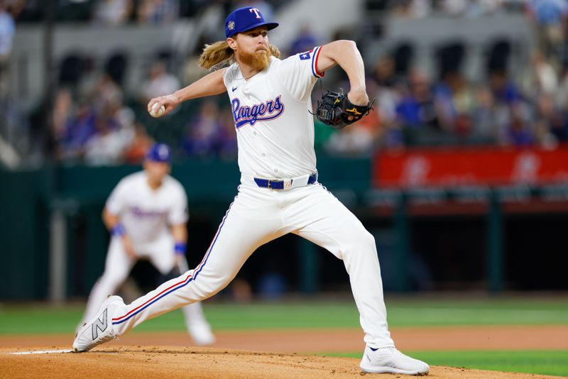 May 15, 2024; Arlington, Texas, USA; Texas Rangers pitcher Jon Gray (22) throws during the first inning against the Cleveland Guardians at Globe Life Field. Mandatory Credit: Andrew Dieb-USA TODAY Sports