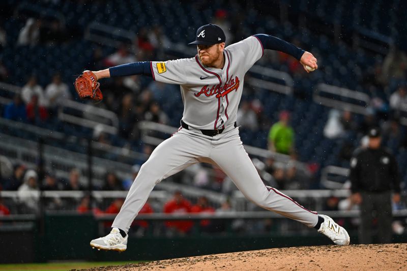 May 22, 2025; Washington, District of Columbia, USA; Atlanta Braves pitcher Aaron Bummer (49) throws to the Washington Nationals during the fifth inning at Nationals Park. Mandatory Credit: Brad Mills-Imagn Images