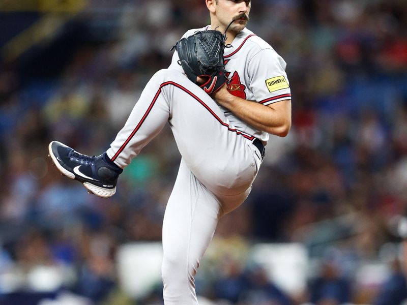 Jul 8, 2023; St. Petersburg, Florida, USA;  Atlanta Braves starting pitcher Spencer Strider (99) throws a pitch against the Tampa Bay Rays in the first inning at Tropicana Field. Mandatory Credit: Nathan Ray Seebeck-USA TODAY Sports