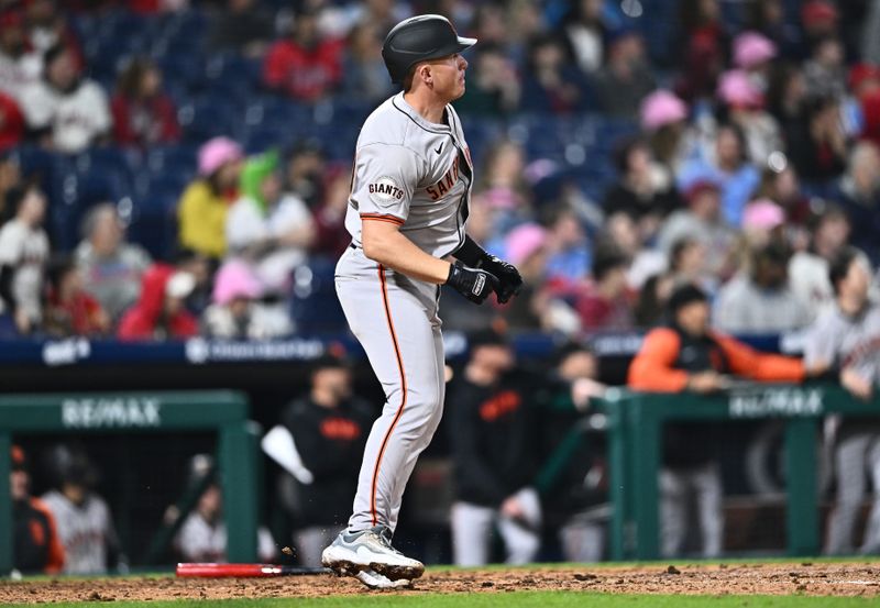 May 5, 2024; Philadelphia, Pennsylvania, USA; San Francisco Giants catcher Jakson Reetz (50) hits a home run against the Philadelphia Phillies in the ninth inning at Citizens Bank Park. Mandatory Credit: Kyle Ross-USA TODAY Sports