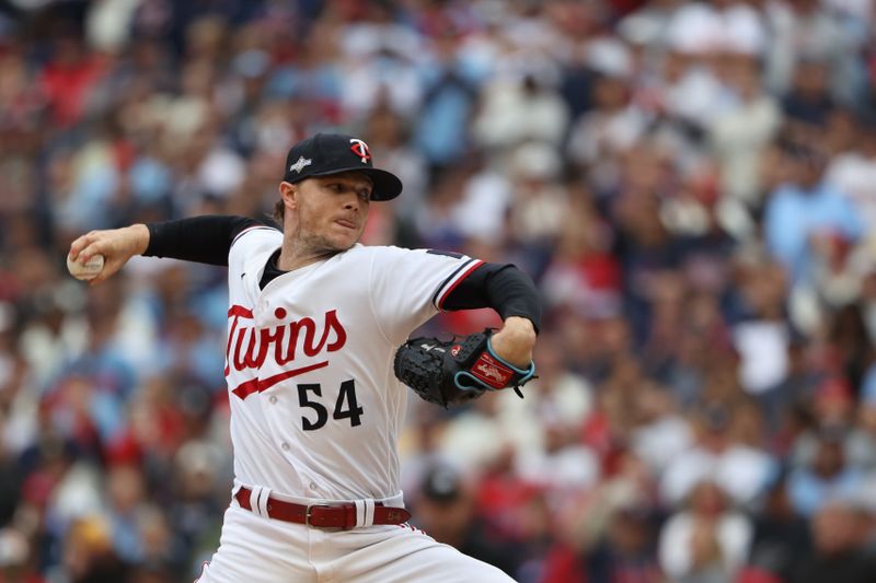 Oct 4, 2023; Minneapolis, Minnesota, USA; Minnesota Twins starting pitcher Sonny Gray (54) throws a pitch in the first inning against the Toronto Blue Jays during game two of the Wildcard series for the 2023 MLB playoffs at Target Field. Mandatory Credit: Jesse Johnson-USA TODAY Sports