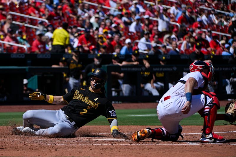 Sep 3, 2023; St. Louis, Missouri, USA;  Pittsburgh Pirates first baseman Connor Joe (2) slides safely past St. Louis Cardinals catcher Andrew Knizner (7) and scores during the fourth inning at Busch Stadium. Mandatory Credit: Jeff Curry-USA TODAY Sports