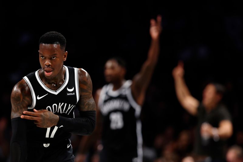 NEW YORK, NEW YORK - MARCH 02: Dennis Schroder #17 of the Brooklyn Nets reacts after scoring during the second half against the Atlanta Hawks at Barclays Center on March 02, 2024 in the Brooklyn borough of New York City. The Nets won 114-102. NOTE TO USER: User expressly acknowledges and agrees that, by downloading and or using this photograph, User is consenting to the terms and conditions of the Getty Images License Agreement. (Photo by Sarah Stier/Getty Images)