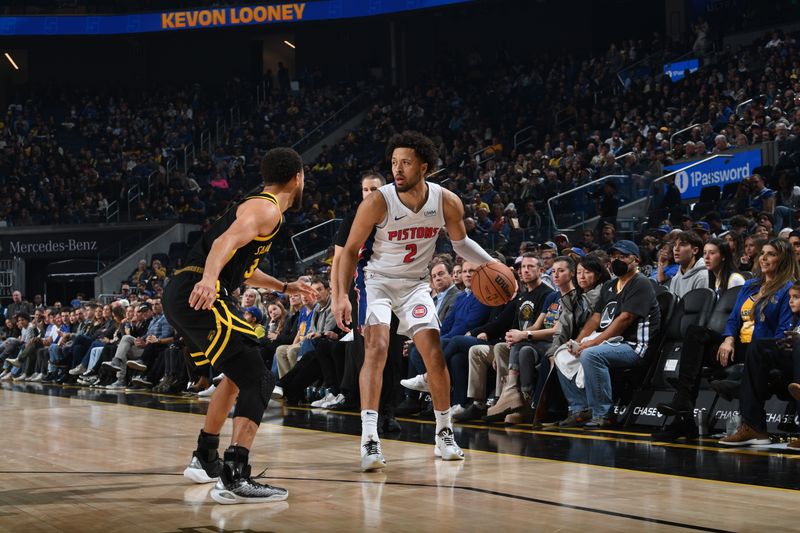 SAN FRANCISCO, CA - JANUARY 5: Cade Cunningham #2 of the Detroit Pistons dribbles the ball during the game against the Golden State Warriors on January 5, 2024 at Chase Center in San Francisco, California. NOTE TO USER: User expressly acknowledges and agrees that, by downloading and or using this photograph, user is consenting to the terms and conditions of Getty Images License Agreement. Mandatory Copyright Notice: Copyright 2024 NBAE (Photo by Noah Graham/NBAE via Getty Images)