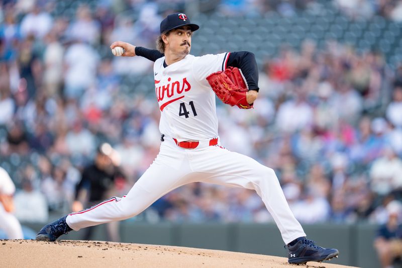 May 10, 2025; Minneapolis, Minnesota, USA; Minnesota Twins starting pitcher Joe Ryan (41) pitches to San Francisco Giants outfielder Mike Yastrzemski (5) in the first inning at Target Field. Mandatory Credit: Matt Blewett-Imagn Images