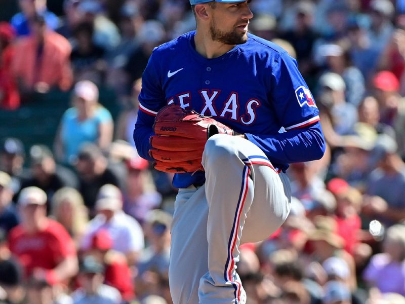 Mar 11, 2024; Tempe, Arizona, USA;  Texas Rangers starting pitcher Nathan Eovaldi (17) throws in the first inning against the Los Angeles Angels during a spring training game at Tempe Diablo Stadium. Mandatory Credit: Matt Kartozian-USA TODAY Sports