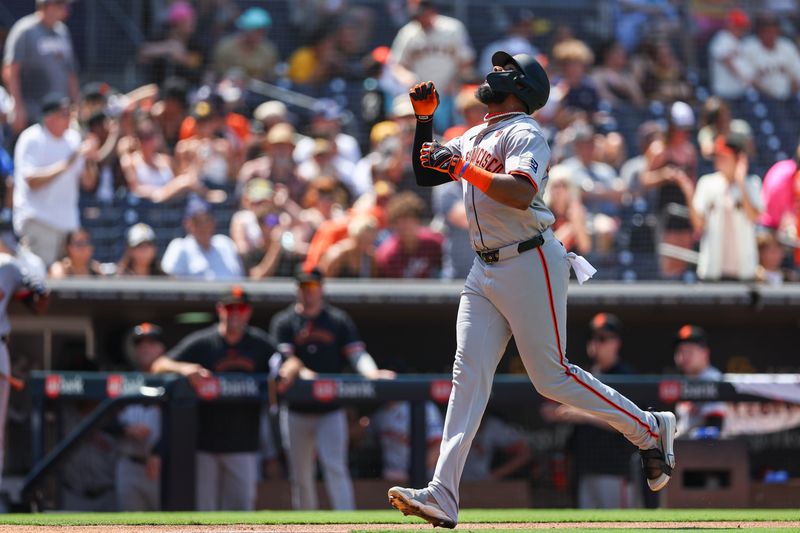 Sep 8, 2024; San Diego, California, USA; San Francisco Giants right fielder Jerar Encarnacion (59) rounds the bases after hitting a three run home run during the fourth inning against the San Diego Padres at Petco Park. Mandatory Credit: Chadd Cady-Imagn Images